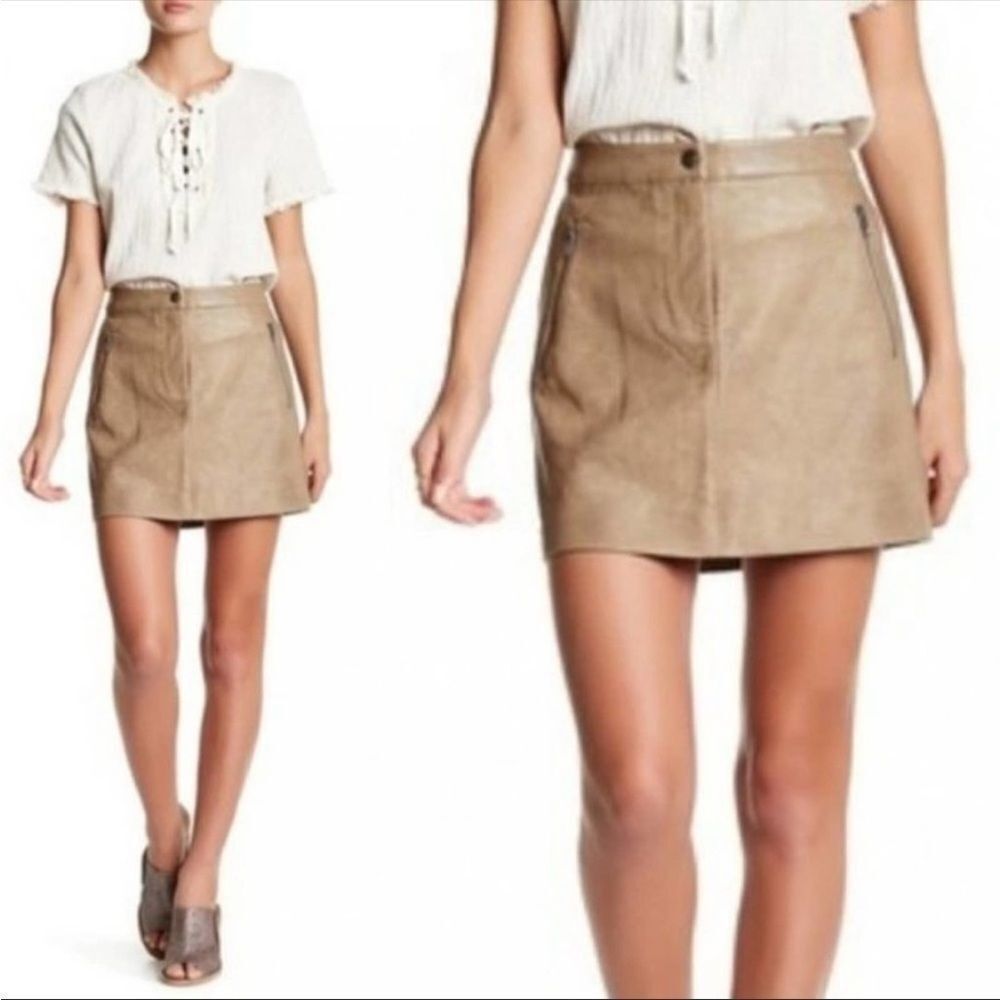 J.O.A Faux Leather Mini Skirt Khaki Tan Zipper Pockets Size S